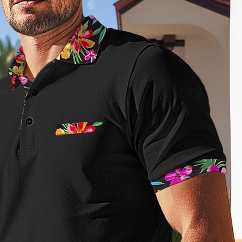 Men's Polo Shirt Golf Shirt Work Casual Lapel Ribbed Polo Collar Short Sleeve Basic Modern Floral Color Block Patchwork Button Spring & Summer Regular Fit Black White Orange Green Polo Shirt3