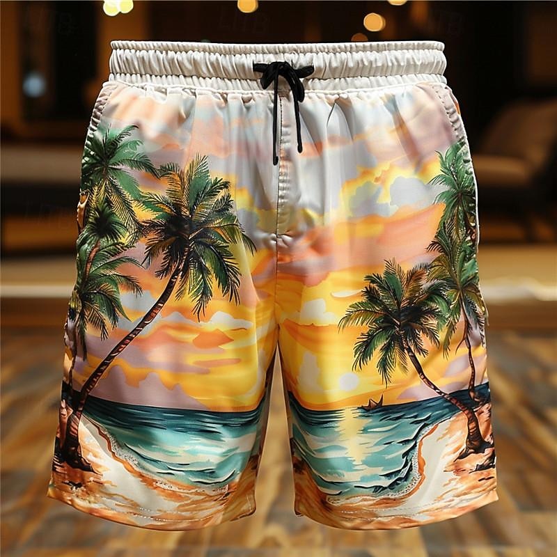 Men's Coconut Tree Landscape Swim Shorts Board Shorts Swimming Trunks Mid Waist Vacation Hawaiian Holiday Vacation Holiday Beach Drawstring with Mesh lining Elastic Waist Designer Clothing Apparel2