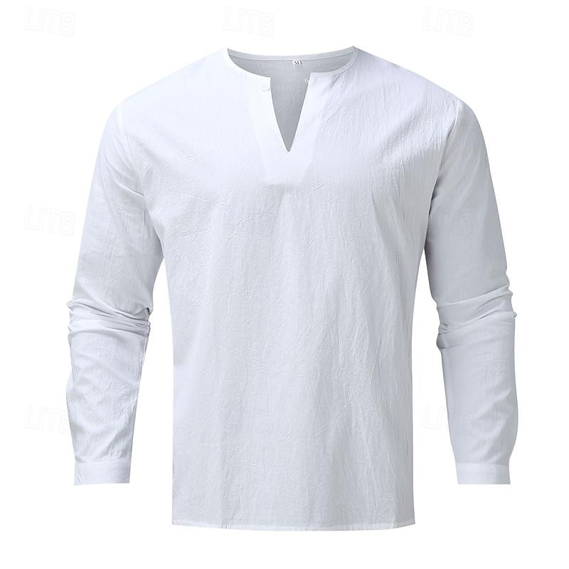 Men's Shirt Linen Shirt Cotton Linen Shirt White Cotton Shirt Summer Shirt Beach Shirt Plain Hawaiian Holiday White Long Sleeve V Neck Spring &  Fall Clothing Apparel2