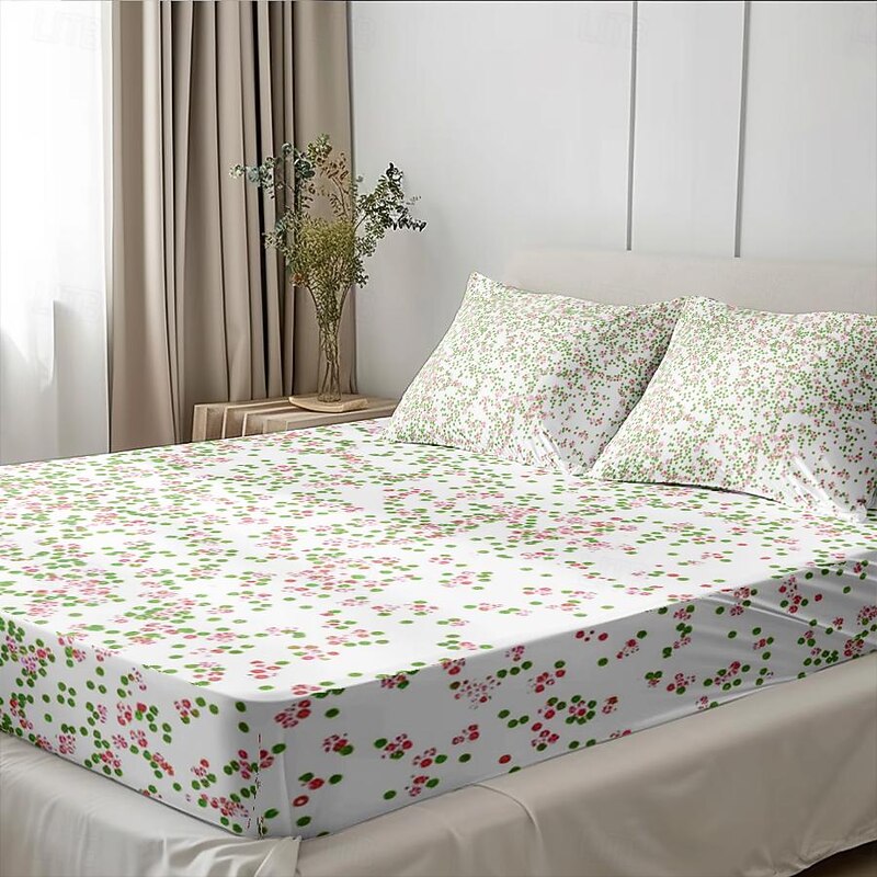Floral Spring Fitted Sheet Set Ultra Soft Breathable 100% Cotton Silky Bed Sheets Deep Pocket Bedding Sheets 3 Piece Queen King Size