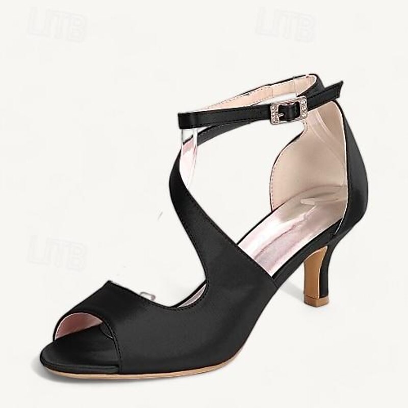 Women's Wedding Shoes Bridal Shoes Buckle Kitten Heel Open Toe Minimalism Satin Ankle Strap Black White Ivory3