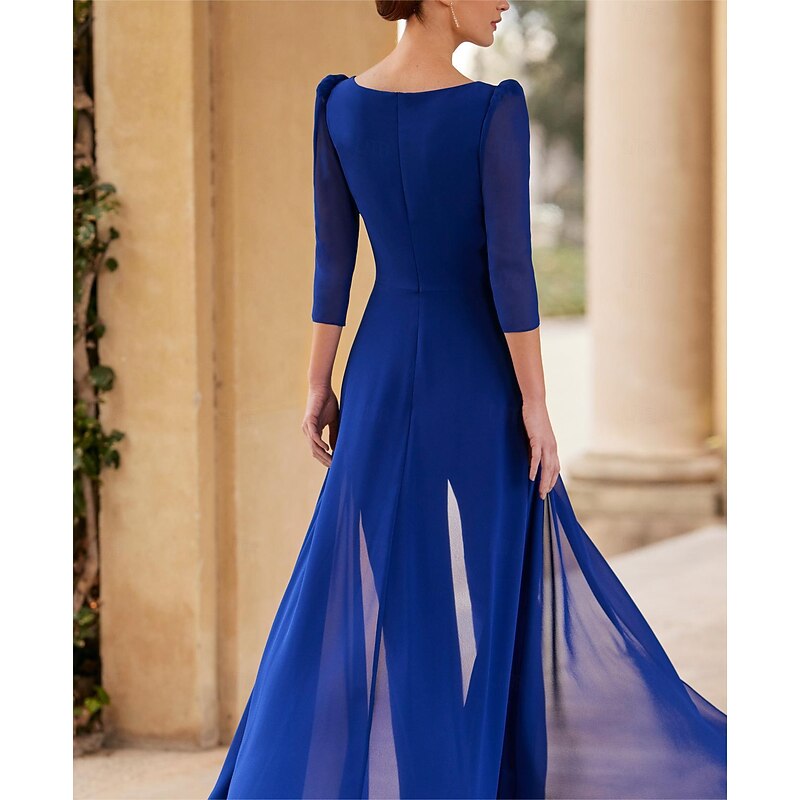 Jumpsuit Mother of the Bride Formal Wedding Guest Elegant Straight Neckline V Neck Floor Length Chiffon 3/4 Length Sleeve with Ruched Cascading Ruffles3