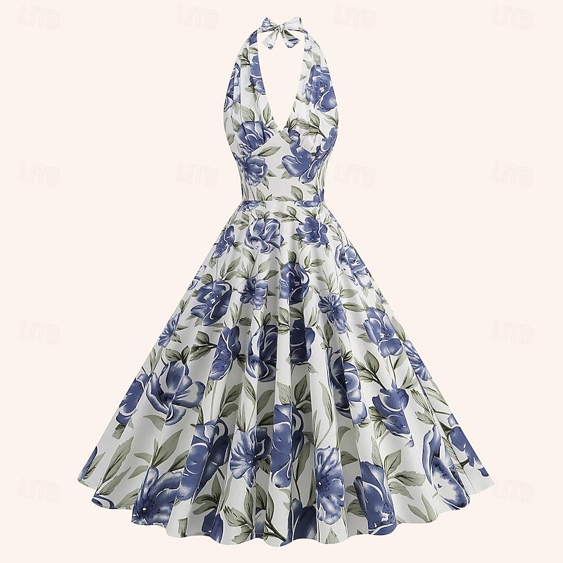 Retro Vintage 1950s Halter Midi Flapper Dress Dress Swing Dress Floral Fancy Dress Women's Masquerade Masquerade Date Bachelorette Party Adults' Dress Homecoming Dresses Spring & Summer