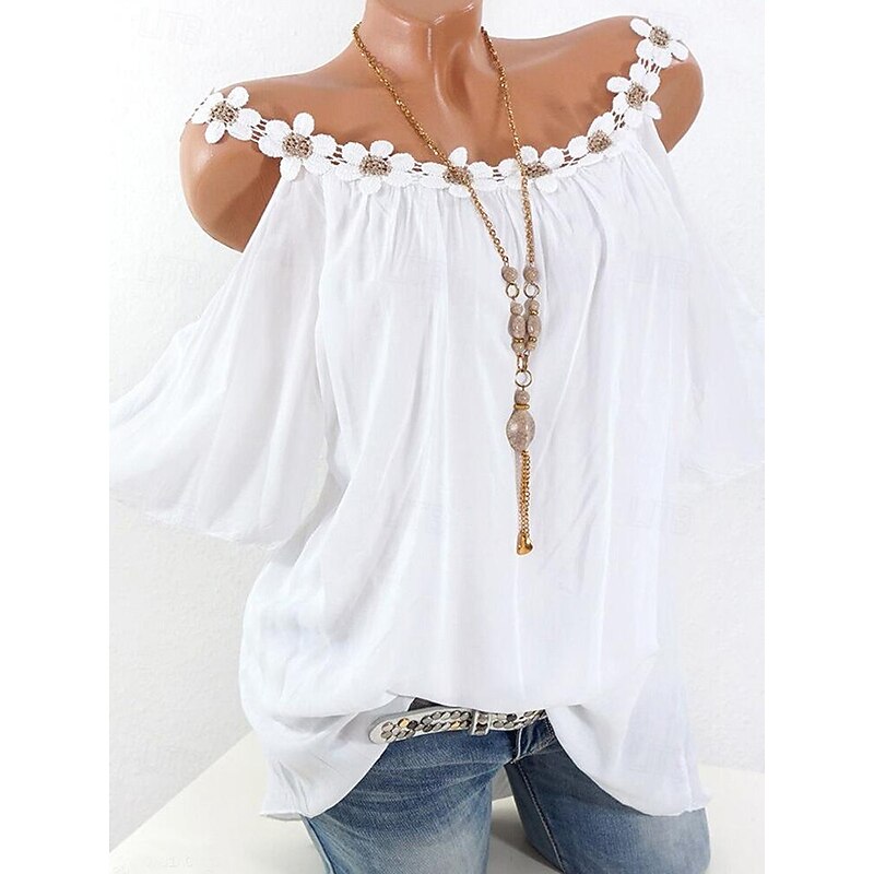 Shirt Lace Shirt Blouse Women's White Pink Army Green Plain Cold Shoulder Street Daily Fashion Round Neck Regular Fit S2