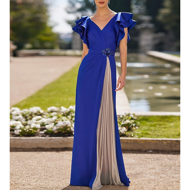 Sheath Evening Gown Elegant Dress Formal Wedding Guest Floor Length Short Sleeve V Neck Stretch Crepe with Pleats Crystals