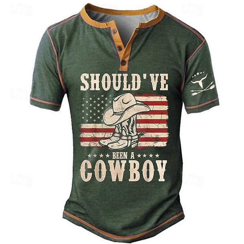 Should've Been a Cowboy American US Flag Shoe Men's Casua T shirt Tee Henley Shirt Sports Outdoor Holiday Going out T shirt Black Navy Blue Blue Short Sleeve Henley Shirt Spring & Summer4