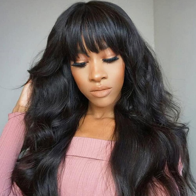 Body Wave Wigs with Bangs Human Hair  Wavy Full Machine Made Scalp Top Wig None Lace Front Wigs for Black Women 8-30 inch   Brazilian Virgin Hair Natural Color