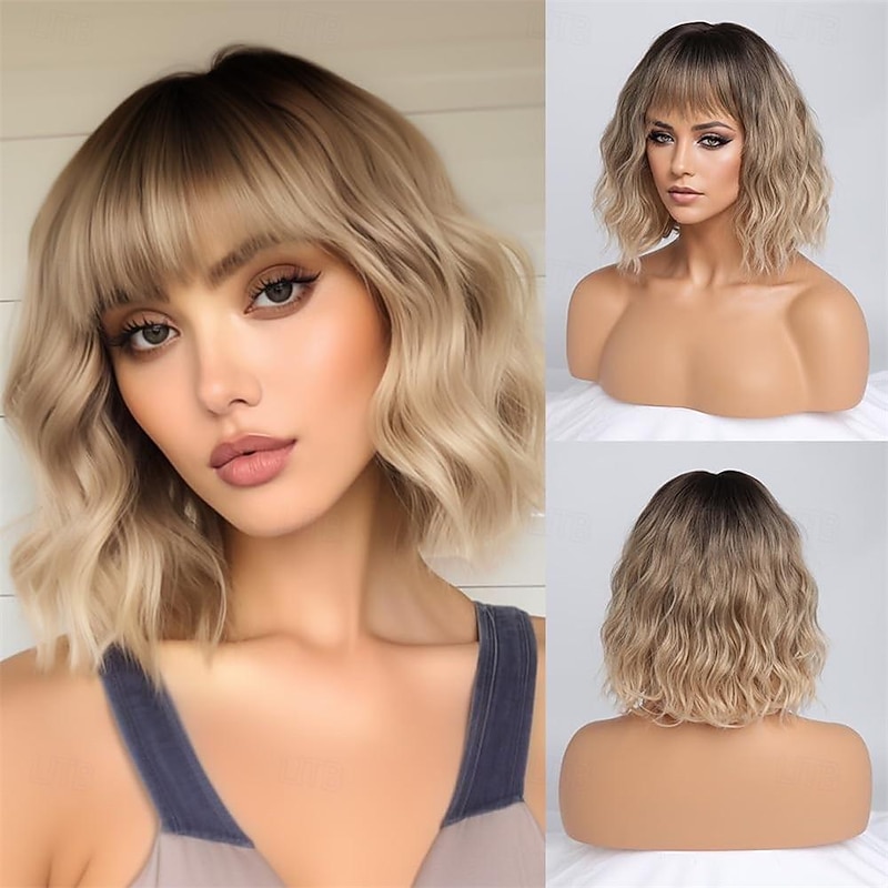 Ombre Blonde Wigs for White Women Short Wavy Wig with Bangs Ash Blonde Bob Wig with Dark Roots Medium Length Natural Synthetic Hair for Daily Party&Cosplay