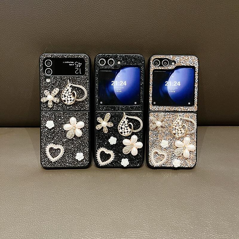 Phone Case For Samsung Galaxy Z Flip 7 Z Flip 6 Z Flip 5 Z Flip 4 Z Flip 3 for Women Girl Bling Glitter Shiny Shockproof Heart TPU