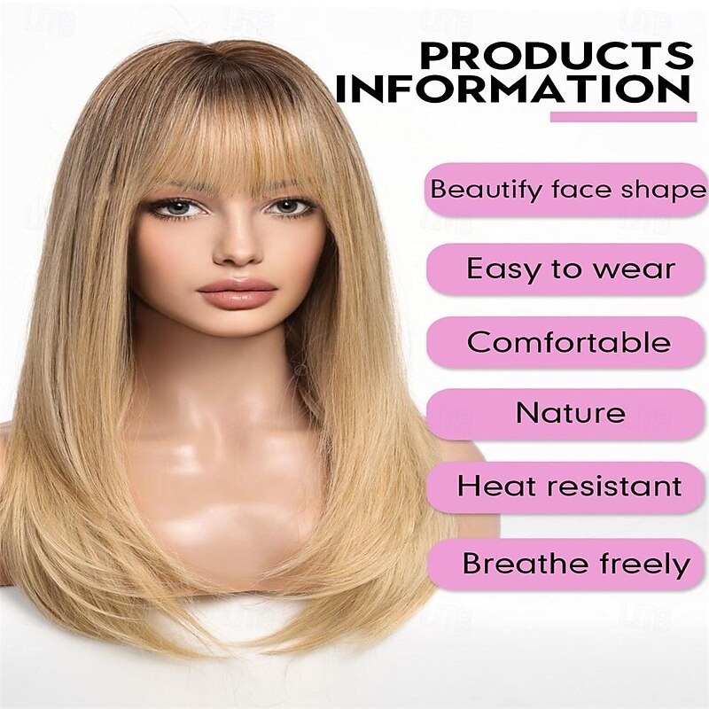 Long Blonde Wigs for Women Straight Synthetic Wig with Bangs2