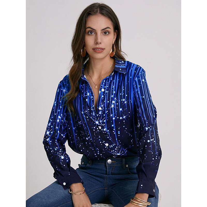 Women's Shirt Long Sleeve Button Down Blouse Maroon Denim Blue Black Striped Sparkly Button Print Casual Weekend Streetwear Shirt Collar Regular S 7
