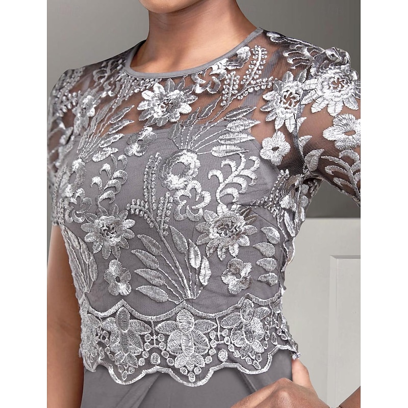 Beach Wedding Jumpsuit Mother of the Bride  Wedding Guest Elegant Jewel Neck Ankle Length Stretch Chiffon Short Sleeve with Lace Pleats3