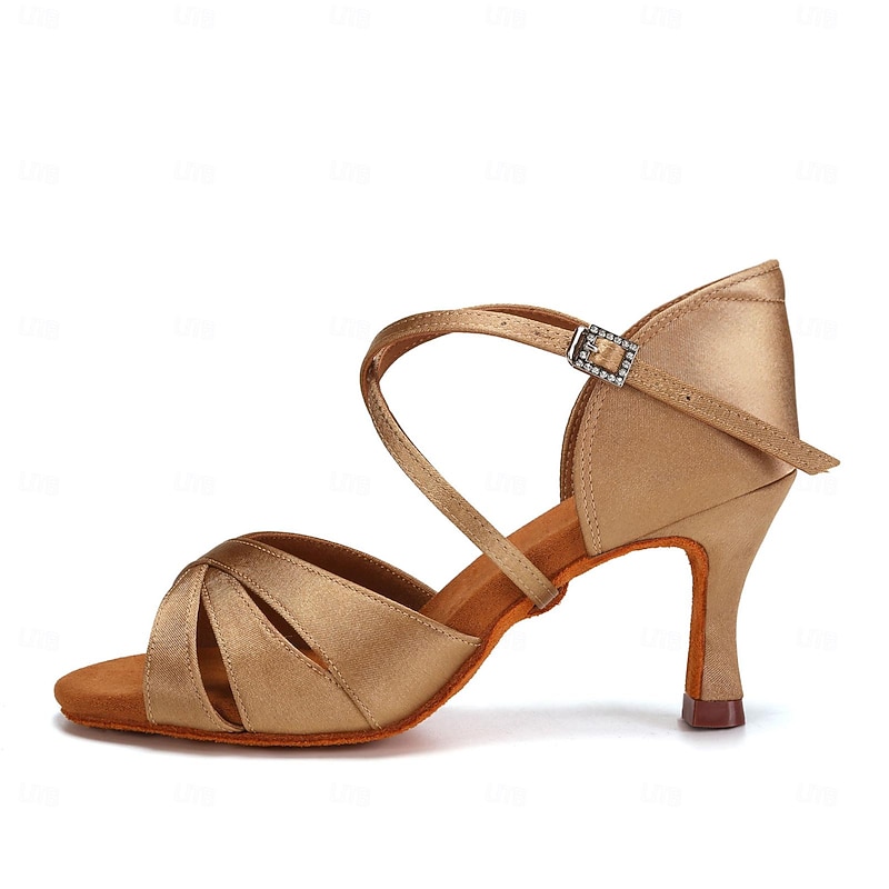 Women's Satin Ballroom Dance Shoes with Suede Sole - Strappy Latin Salsa Tango Heels for Professional and Social Dancing2