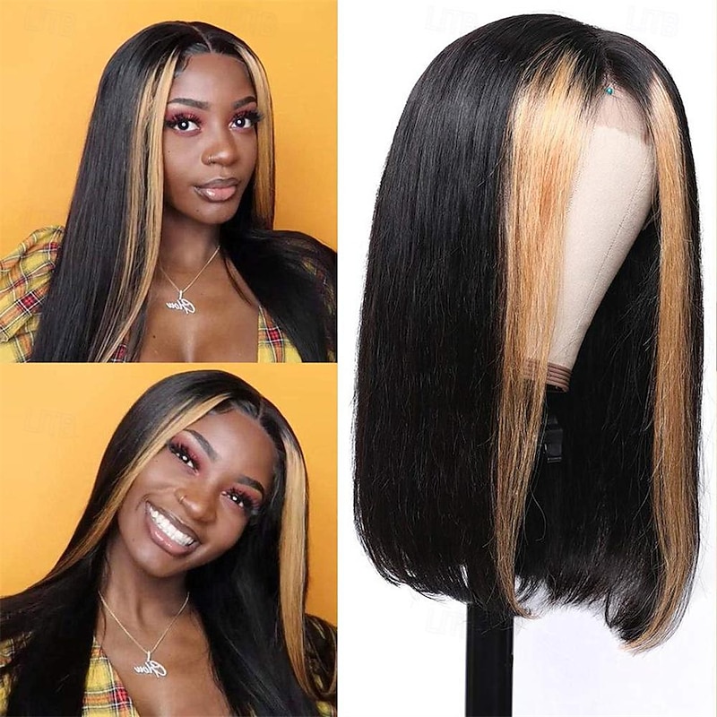 Highlight Bob Wig 13x 4x1 T Part Lace Bob Wig Lace Front Human Hair Highlight Black Middle Part Bob Wigs Ombre Honey Blonde Straight Lace Front Bob Wigs for Women2