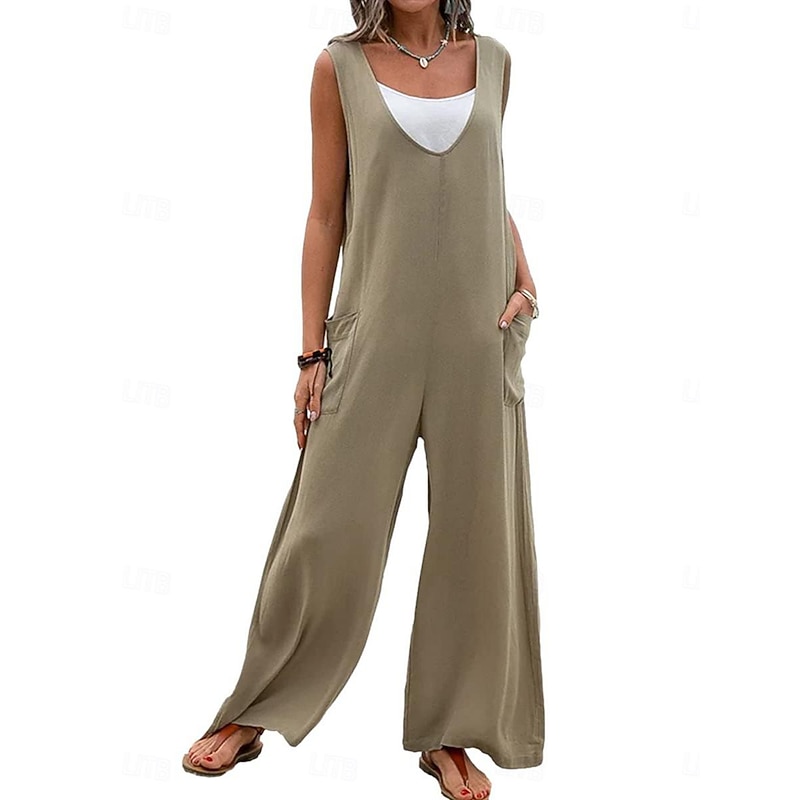 Women's Normal Overall Streetwear Solid Color Sleeveless V Neck Pocket Street Daily Regular Fit Black Pink Green Summer3