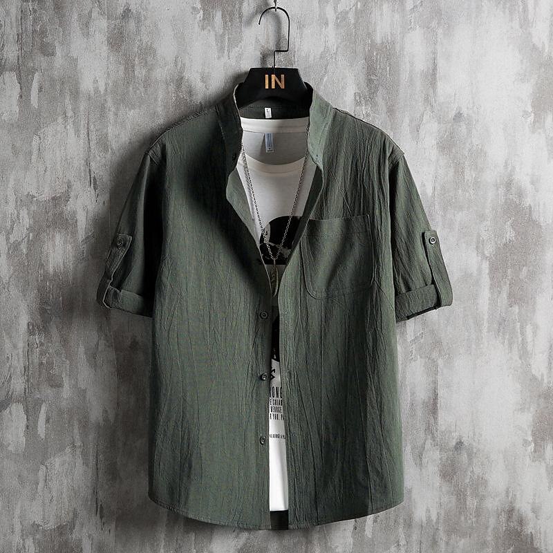 Men's Shirt Chinese Collar Shirt Mandarin Collar Shirt Summer Shirt Casual Shirt Beach Shirt Black White Green 3/4-Length Sleeve Plain Grandad Collar Turndown Vacation Holiday Clothing Apparel4