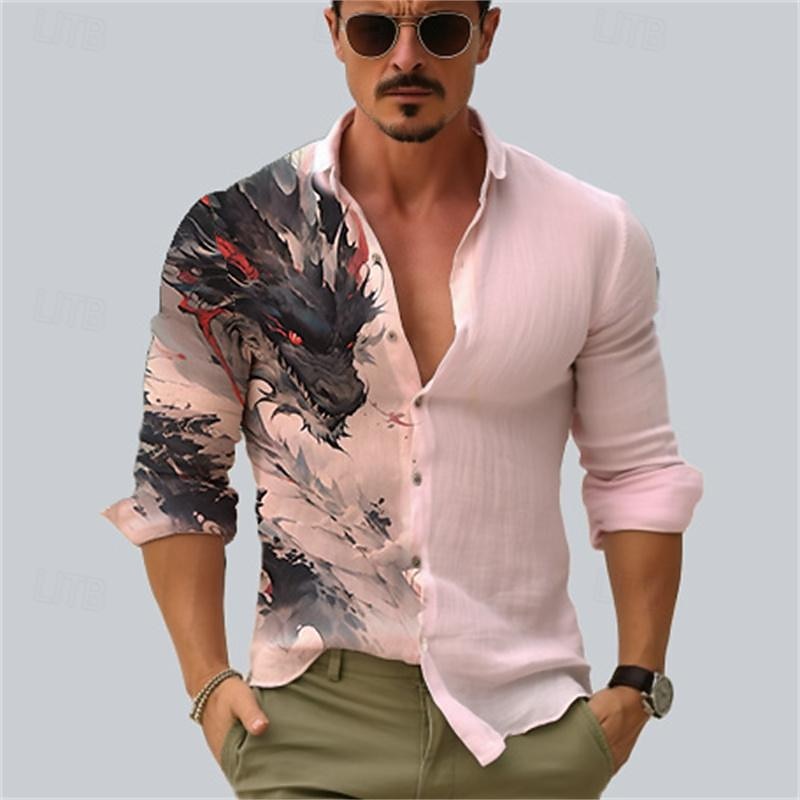 Men's Dragon Button Up Shirt Printed Shirts Long Sleeve Hawaiian Resort Vacation Going out Beach Spring & Summer Turndown Print Button-Down Pink Blue3