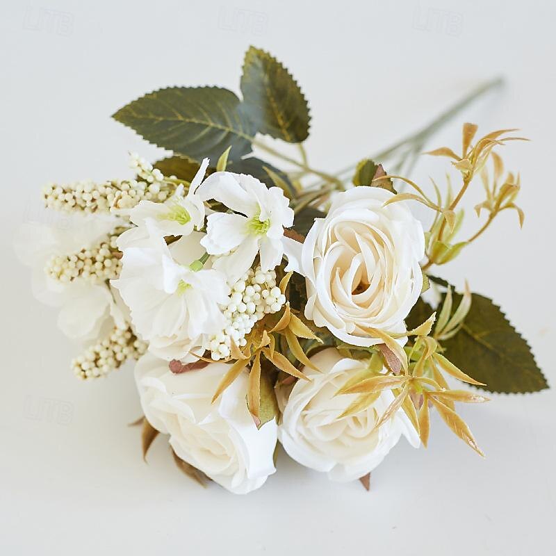 Simulated Flower 6 Forks Smoke And Rain Rose Home Decoration Artificial Flower Rose Silk Flower European Style Color Scheme Hotel Dining Table Flower Arrangement3