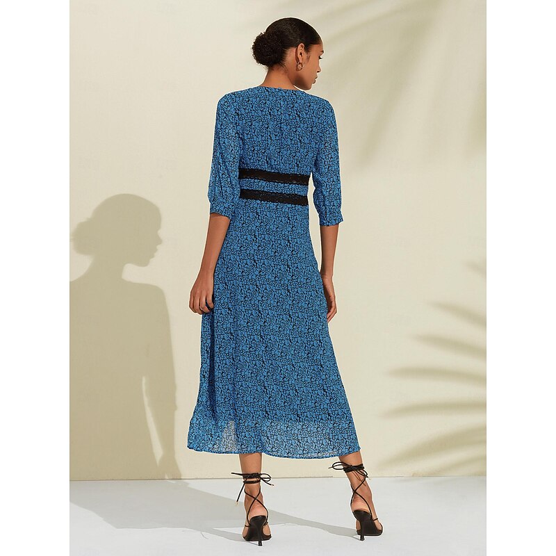 Women's A Line Dress Floral Dress Print Dress Midi Dress Blue Half-Sleeve Flower / Plants Floral Style Print Long Spring & Summer V Neck V-Front Sweet Date S M L2