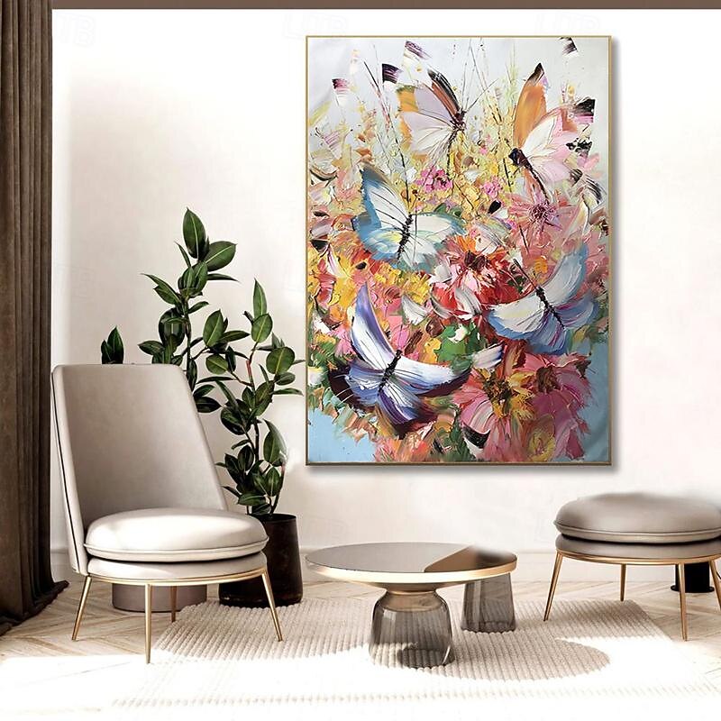 Handmade Oil Painting Canvas Wall Art Decoration Animal Butterfly Dream Daisies Scenery for Home Decor Rolled Frameless Unstretched Painting