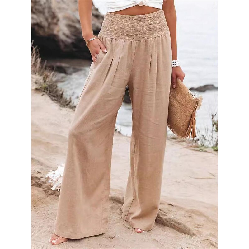 Women's Pants Fashion Basic Comfort Pure Color Pocket Elastic Waist Cotton Linen Pants Home Daily Long Pant Black White Pink Khaki Summer2