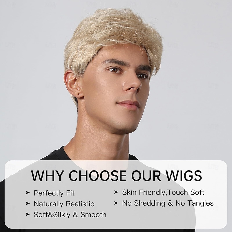 Short Mens Wig Fluffy Hair Blonde Wig for Men Natural Looking Synthetic Hair Full Wig for Male Daily Cosplay Costume Use2