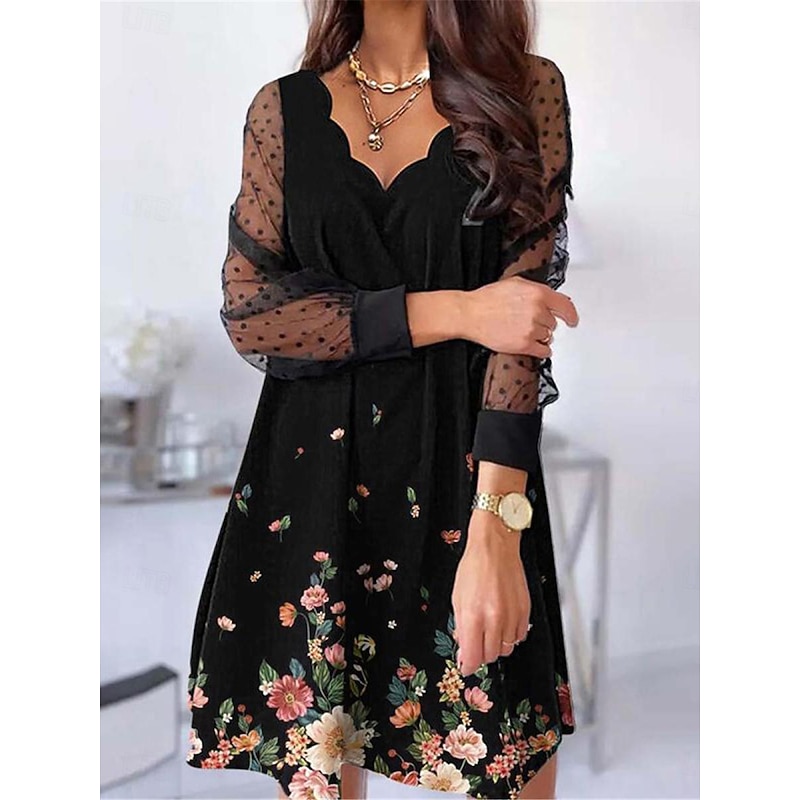 Women's Casual Dress Floral Mesh Patchwork Scalloped Neck Mini Dress Vacation Long Sleeve Summer3