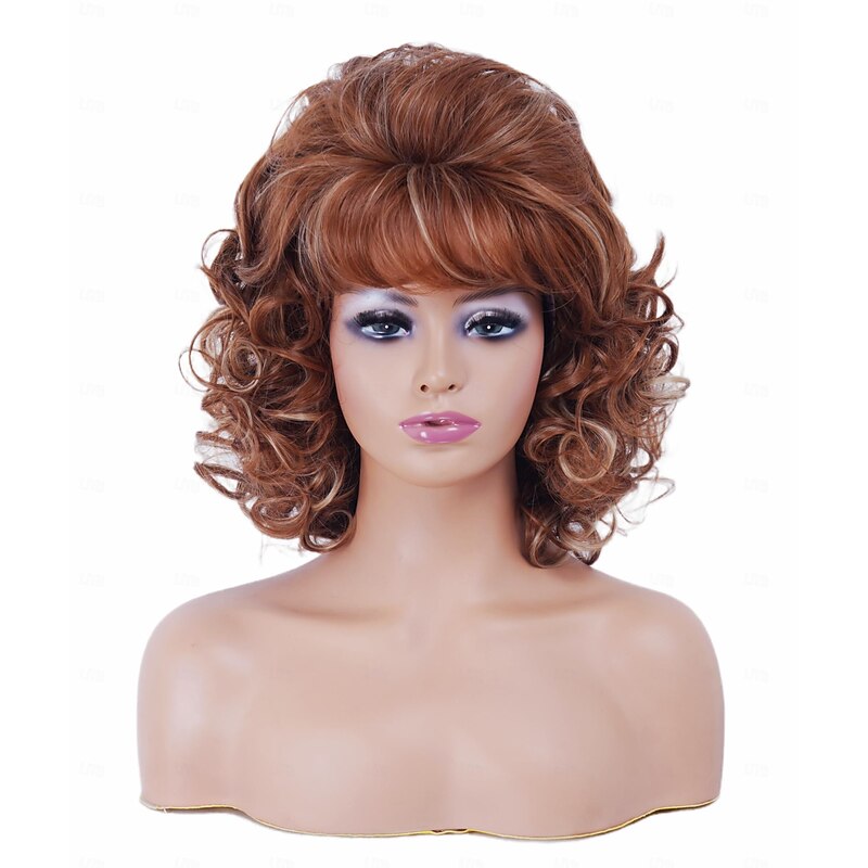 Vintage Short Ginger Mixed Blonde Beehive Wig with Bangs Curly Wavy Heat Resistant Synthetic Hair Wigs for Women fits 70s 80s Costume or Halloween and Party2