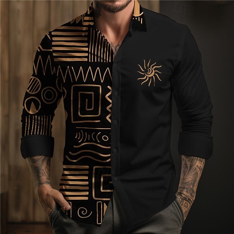 Men's Aztec Tribal Ethnic Button Up Shirt Printed Shirts Long Sleeve Boho Vacation Street Horse Race Spring & Summer Turndown Print Button-Down White Yellow