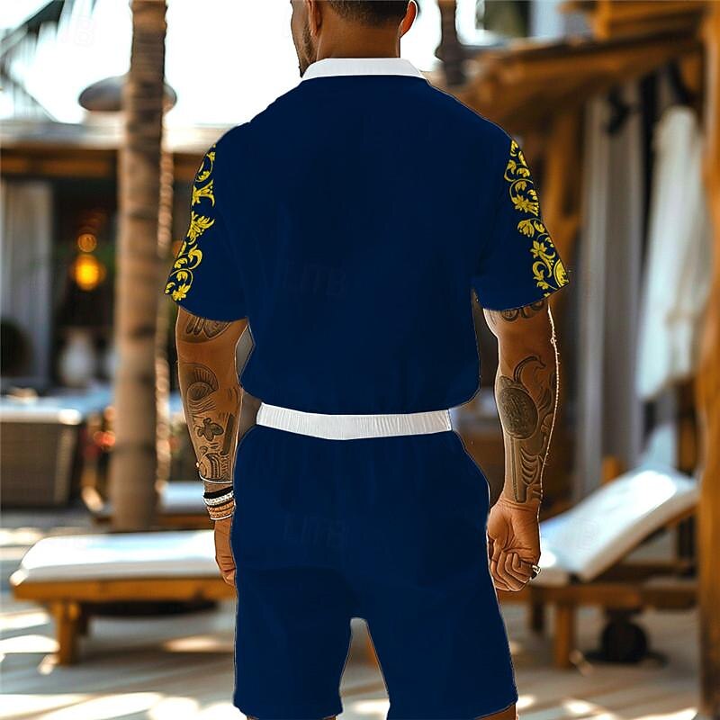 Men's Floral Print 2pcs Shirts Sets Summer Hawaiian Shirt Short Sleeve Short Pants Turndown Vacation Hawaiian Outdoor Hawaiian Holiday Pocket Buttons Print Summer All Seasons Yellow Green2