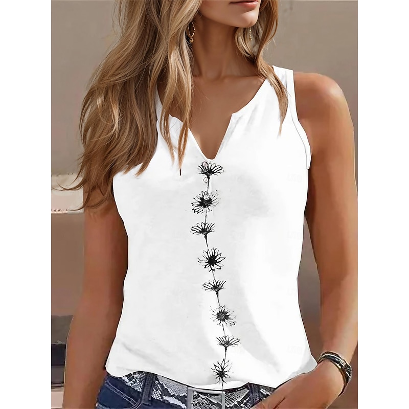 Women's Camisole Tank Top Basic Floral Print Sleeveless Regular Tops V Neck Casual Holiday Black White Green - Main Image