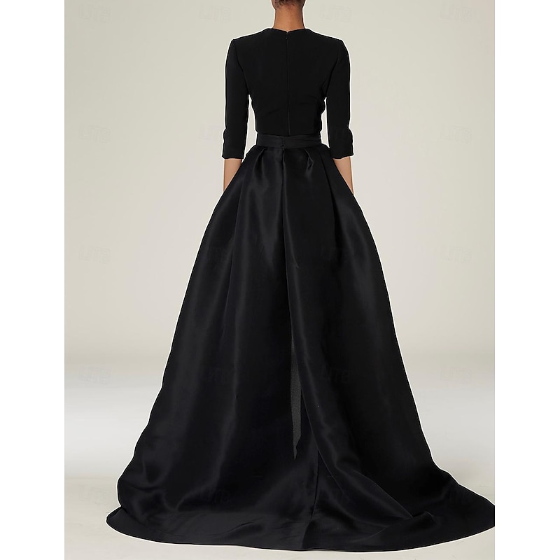 Jumpsuit With Overskirt Mother of the Bride Dress Elegant Simple Black Dress V Neck Sweep / Brush Train Stretch Fabric 3/4 Length Sleeve with Solid Color  dress to impress stretch dress4
