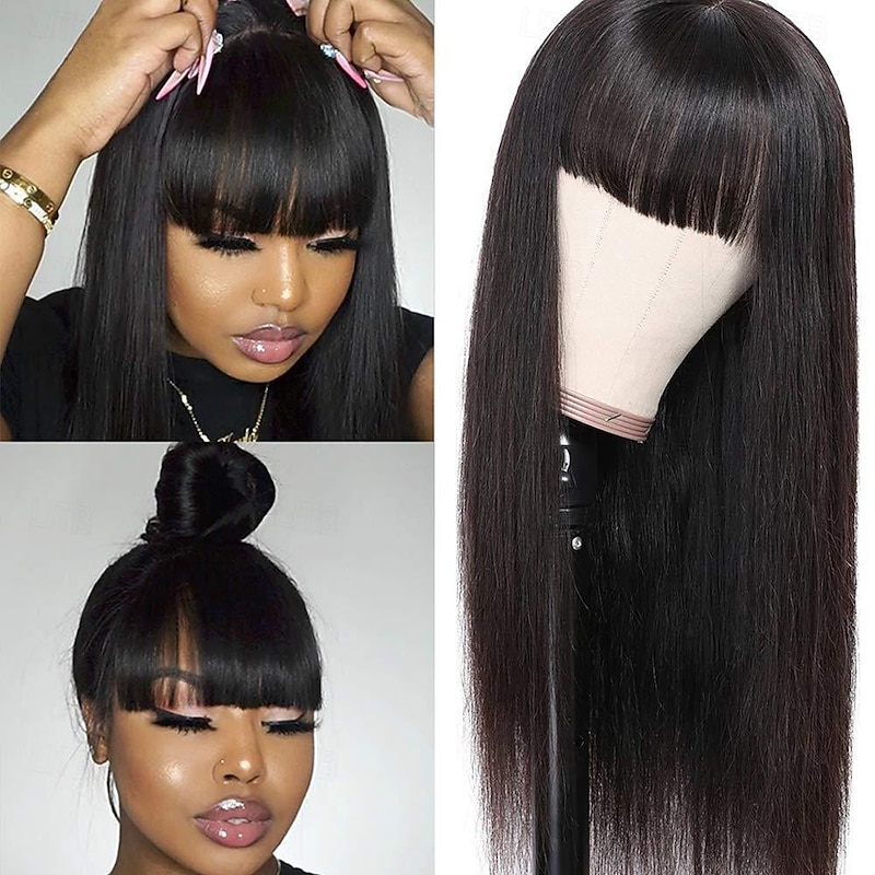 Silky Straight Human Hair Wigs with Bangs Brazilian Virgin None Lace Front Wigs  Machine Made Wigs for Black Women Natural Color2