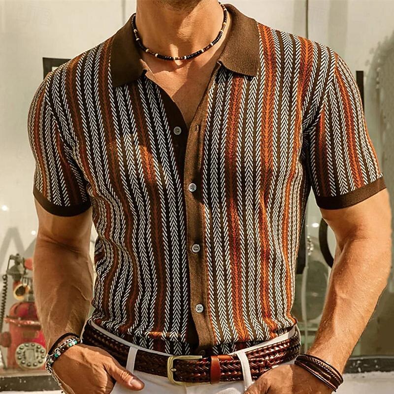 Men's Golf Shirt Golf Polo Work Casual Lapel Short Sleeve Basic Modern Color Block Striped Patchwork Button Spring & Summer Regular Fit Wine Navy Blue Green Golf Shirt2