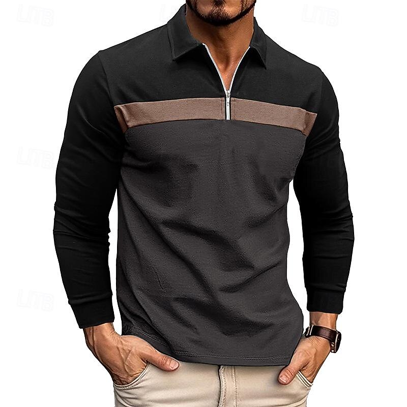 Men's Quarter Zip Polo Cotton Polo Shirt Daily Holiday Quarter Zip Long Sleeve Fashion Modern Color Block Patchwork Spring &  Fall Regular Fit White Wine Royal Blue Dark Grey Army Green Gray Quarter4