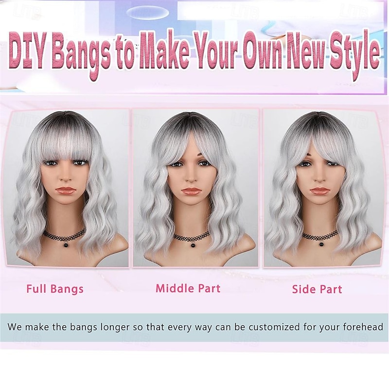 Silver Gray Wavy Wig with Bangs for WomenOmbre Grey Wigs Shoulder Length Bob Curly Wig Natural Looking Silver White with Dark Roots Synthetic Hair for Daily Party Use4