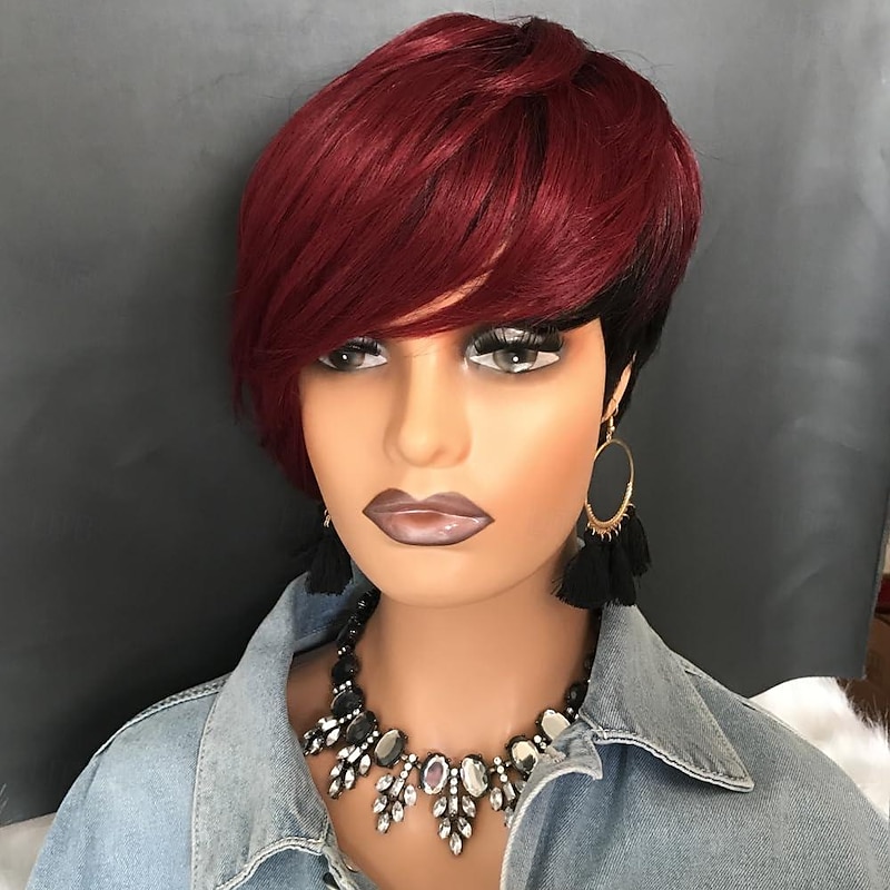 Short Red Human Hair Wigs for Black Women Pixie Cut Wig Human Hair Short Burgundy Pixie Wigs Human Hair with Bangs Ombre Red Short Pixie Human Hair 1B/99J2