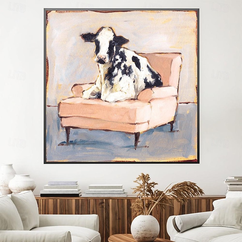 Handmade A cow sitting on a sofa painting  handmade Abstract Cow Oil Painting Unique Artwork Vibrant Animal Canvas painting Wall Art Cow painting for living room bedroom wall home decor2