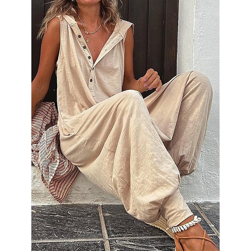 Women's Normal Jumpsuit Streetwear Solid Color Sleeveless V Neck Buttons Street Daily Regular Fit Wine Army Green Green Summer2