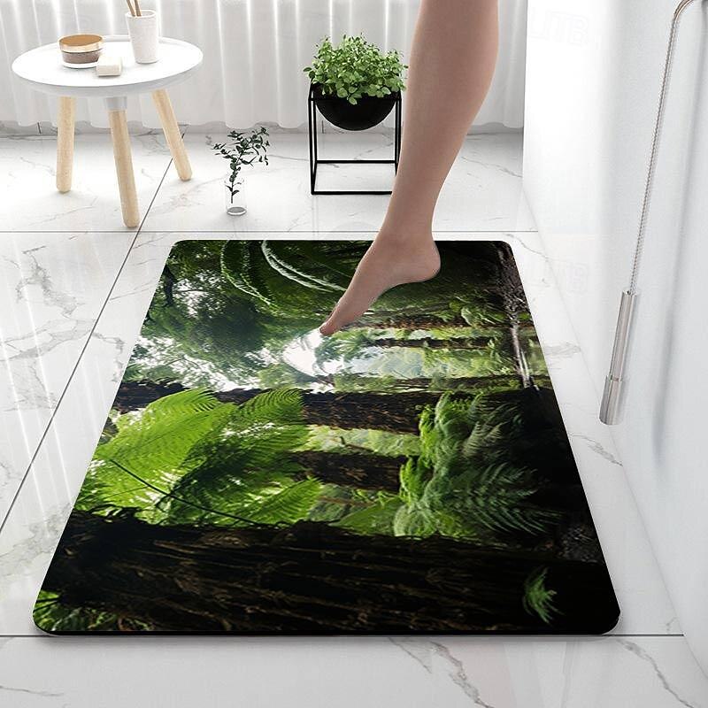 Forest Diatomaceous Earth Bath Mat Soft Mat Rubber Anti-Slip Fast Dry Super Absorbent Thin Bathroom Mat for Under Door - Bathroom Floor Mat Rug Bathtub Front Shower Mat Sink4