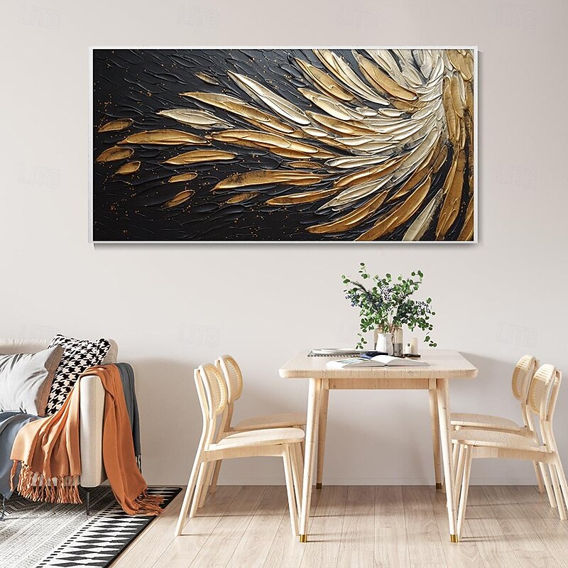 Hand painted Abstract Feather Oil Painting on Canvas hand painted Modern Wall Art Gold Black Painting for Living Room bedroom Wall Decor Custom Textured Painting artwork3