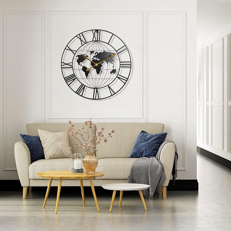 Large World Map Wall Clock Metal Minimalist Modern Clock Round Silent Non-Ticking Battery Operated Wall Clocks for Living Room Home Kitchen Bedroom Office School Decor 60 cm4
