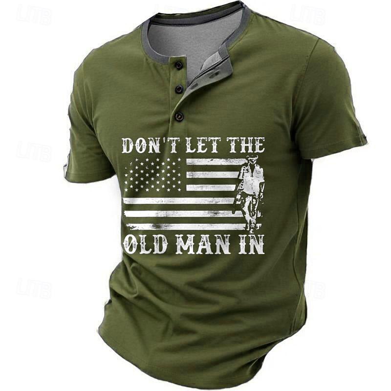 Men's T-Shirt, 'Don't Let The Old Man In' American Flag Graphic Short Sleeve Henley, Patriotic Lifestyle Tee4