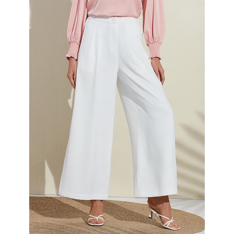 Women's Essential Trousers White Wide Leg Full Length Elastic Waist3