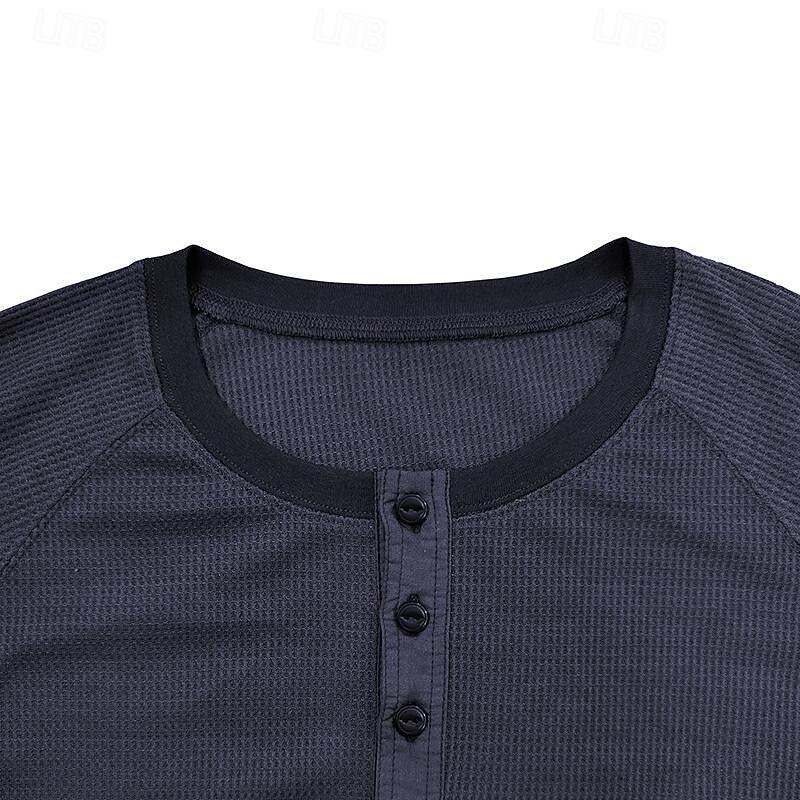 Men's Waffle Tee Waffle Shirt Button T Shirt T Shirt Long Sleeve Henley Spring & Fall Plain Fashion Designer Basic Button-Down Vacation Street Going out Black Wine Navy Blue Top Tee for Men 9