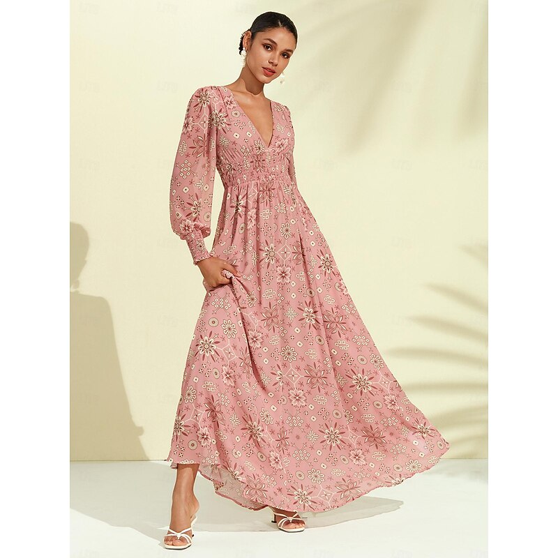 Chiffon Wedding Guest Elastic Waist Floral Maxi Dress4
