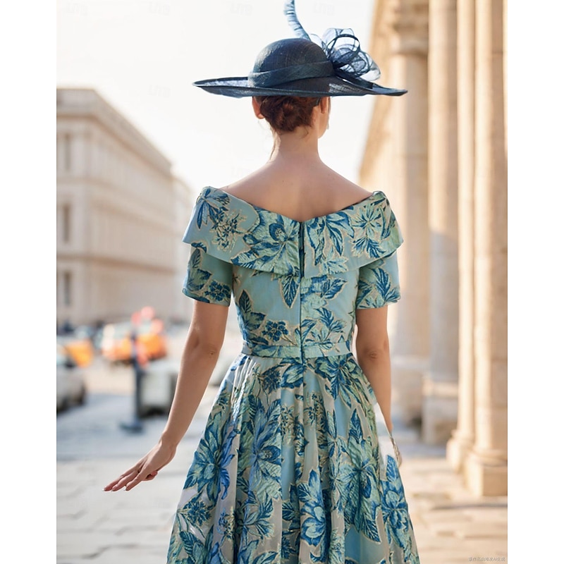 A-Line Mother of the Bride Dress Formal Wedding Guest Vintage Straight Neckline Tea Length  Short Sleeve with Pleats Flowerwedding guest dress Race Day Dress2