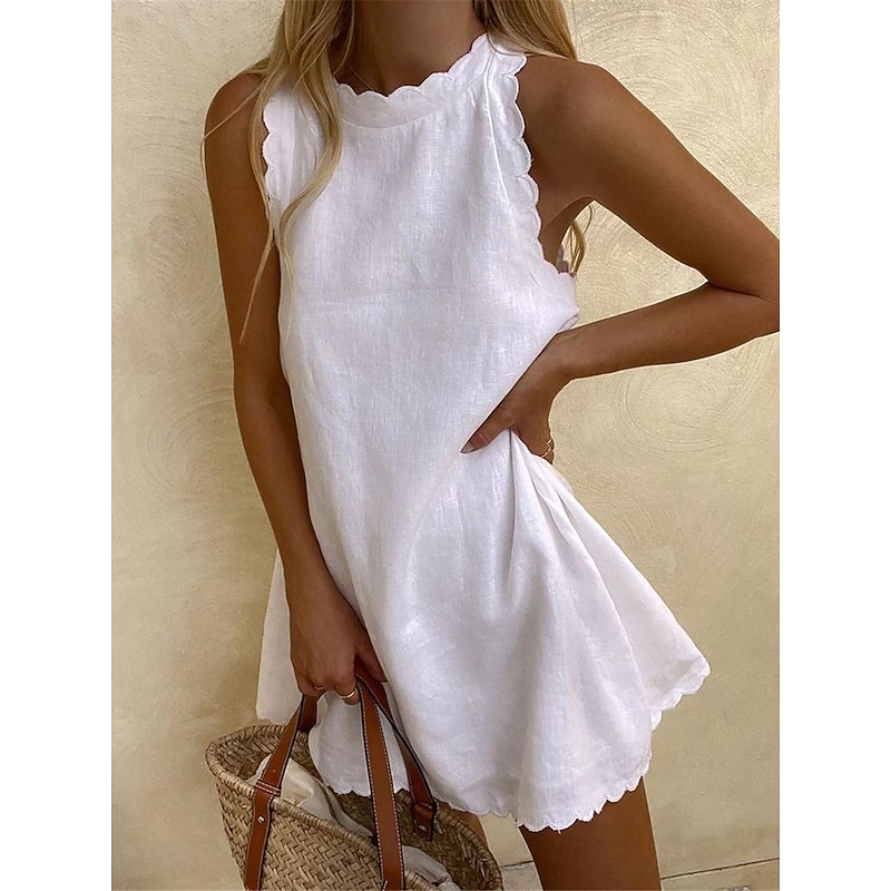 Women's Mini Dress White Dress Graduation Dress Cotton Linen Dress Sundress Basic Casual Vacation Daily Date Regular Fit Plain Sleeveless Crew Neck Black White Pink Blue Summer Spring