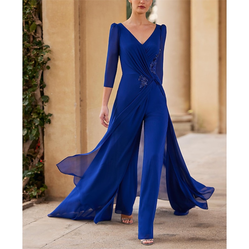 Jumpsuit Mother of the Bride Formal Wedding Guest Elegant Straight Neckline V Neck Floor Length Chiffon 3/4 Length Sleeve with Ruched Cascading Ruffles2