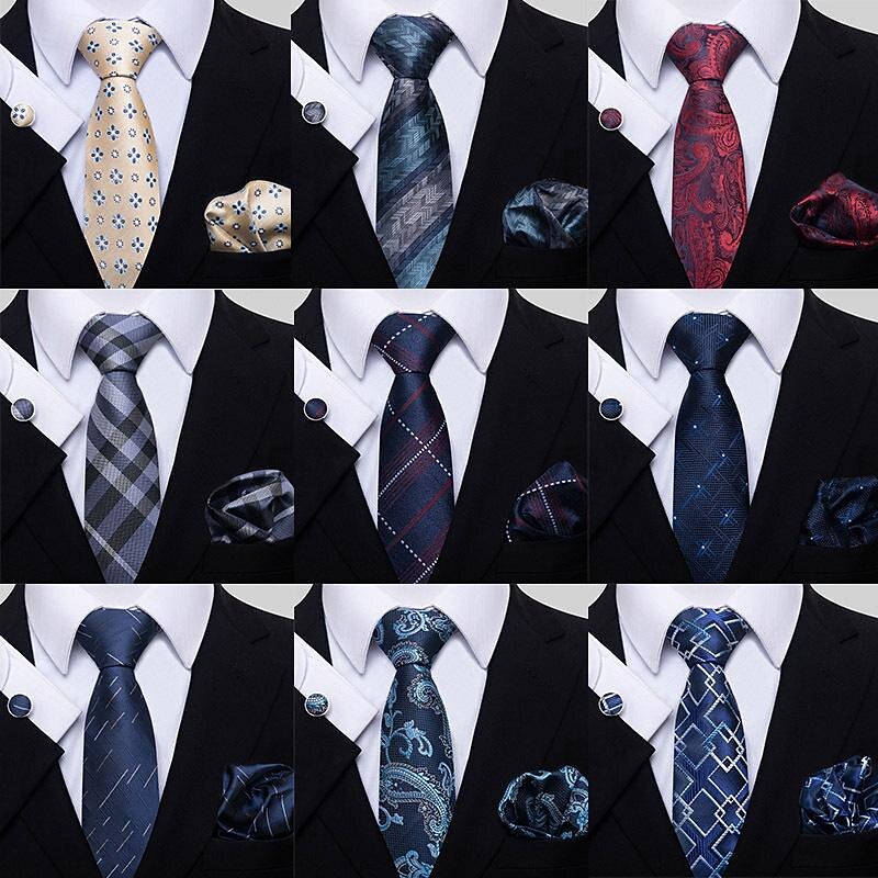 Classic Ties for Men Set Formal Pocket Square Cufflink Check Plaid 1920s Great Gatsby Gentleman Accessories Set